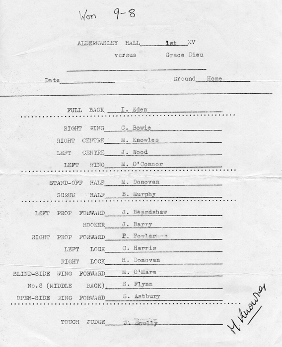 1st XV team sheet 1965