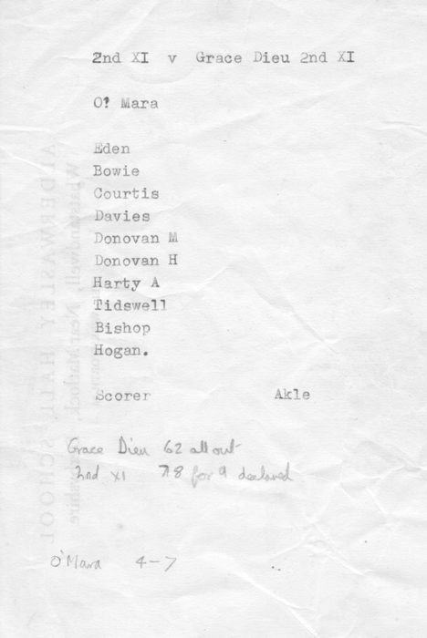 2nd XV team sheet 1965